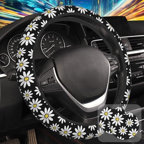 White Daisy Flowers Steering Wheel Cover by Unknown