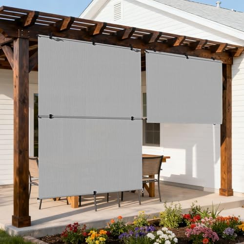 Outdoor Roller Shade 5'W x 8.5'H Cordless Shades Roll Up, Folding Exterior by Coonoble