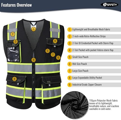 JKSafety Safety Vest for Men Women Hi Vis Reflective Vest JK220 Black 3XL - Image 4