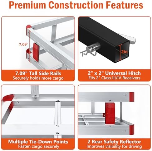 Aluminum Hitch Cargo Carrier, 49.21" x 22.36" x 7.09" Trailer Hitch Cargo - Image 6