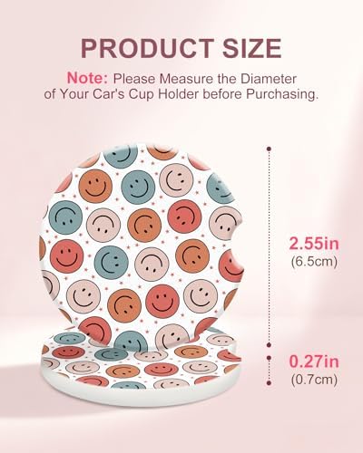Swooflia Cute Girly Ceramic Car Coasters Smiley Face Cup Holder Coasters - Image 2