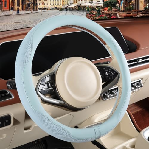 Nappa Leather Ice Silk Fabric Blue Steering Wheel Cover by Binsheo
