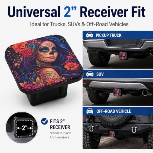 Hitch Cover Receiver Tube Hitch Plug Mexican Sugar Skull Woman, Tool-Free - Image 4