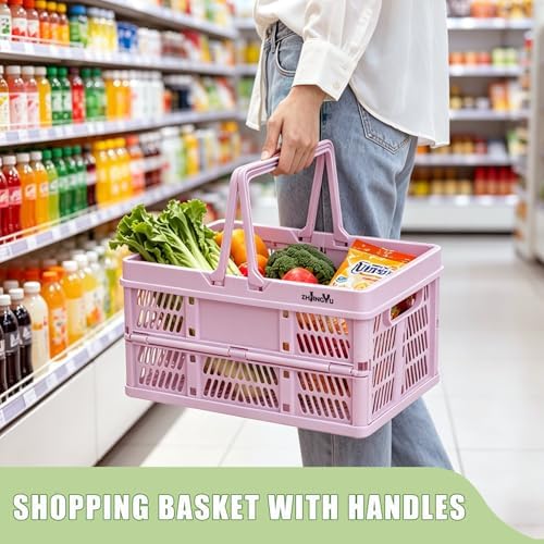 Pink Plastic Baskets with handles, 14.96"x9.84"x7.87" foldable shopping basket - Image 2