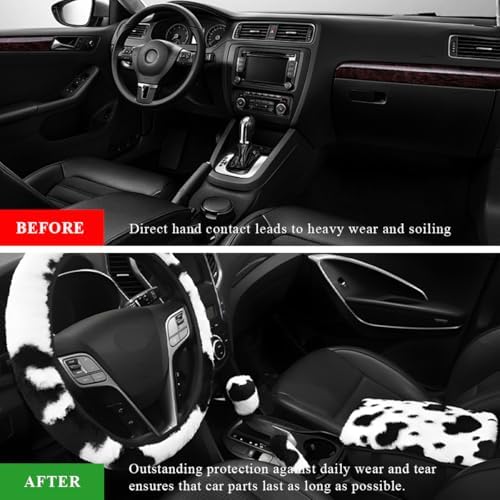 4 PCS Cow Print Car Accessories Set, Cute Cow Print Plush Wheel Shift Knob - Image 3