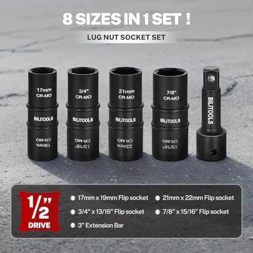 BILITOOLS 5pc Flip Lug Nut Socket Set, 1/2" Drive Metric & SAE Non-Marring - Image 3