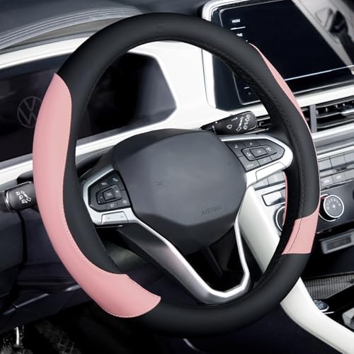 Coverado Car Steering Wheel Cover, Nappa Leather Black & Pink Steering Wheel by COVERADOAUTO