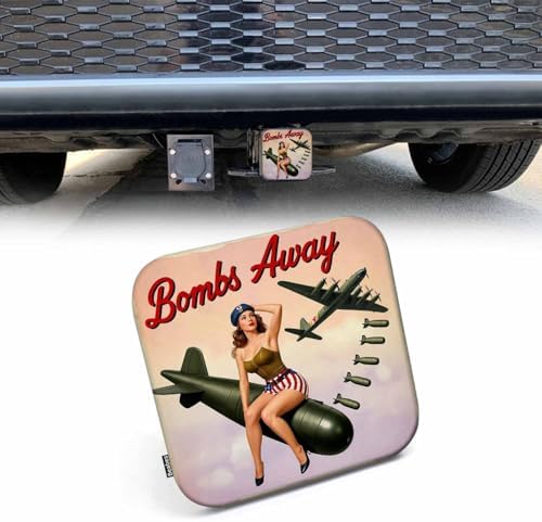 2 Inch Bombs Away Trailer Hitch Cover, Retro Pin-Up Girl Sitting On Bomb Hitch by Beabes
