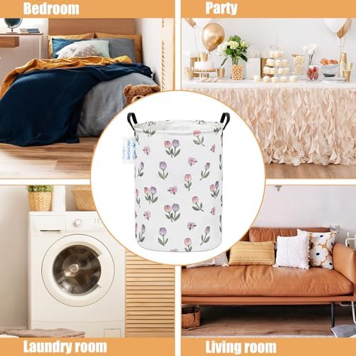 Round Laundry Basket Collapsible Storage Hamper Organizer Romantic Tulip - Image 3