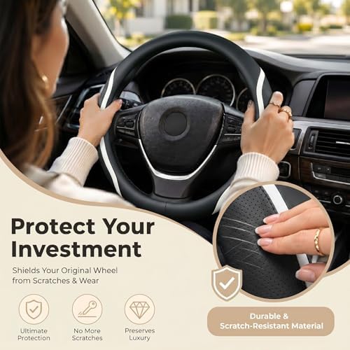Steering Wheel Cover Black and White Leather Universal 14.5-15 inch - Image 3
