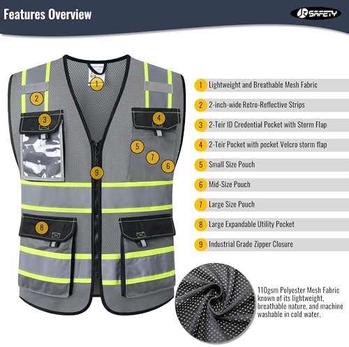 JKSafety Safety Vest for Men Women Hi Vis Reflective Vest JK220 Grey 3XL - Image 4