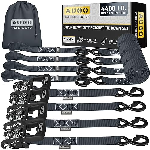 AUGO Heavy Duty Ratchet Straps & Soft Loops – Pack of 4 Extra Strong 1.5” by by AUGO