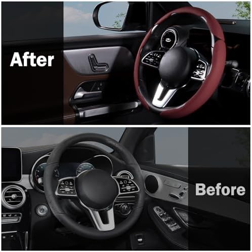 Car Steering Wheel Cover Leather 14.5-15 in Universal 3Pcs Set Wine Red - Image 7
