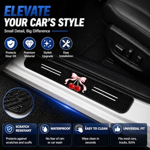 5PCS Cherry Bow Car Door Sill Protector, Carbon Fiber Leather Sill Stickers - Image 7