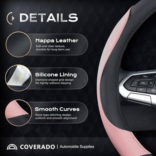 Coverado Car Steering Wheel Cover, Nappa Leather Black & Pink Steering Wheel - Image 2