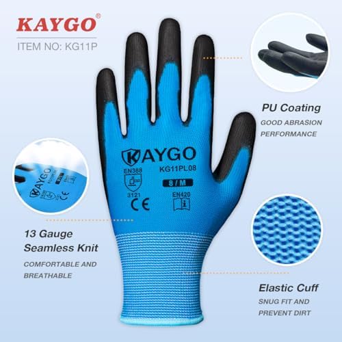 KAYGO Safety Work Gloves for Men Women, PU Coated Palm & Fingers - Image 2