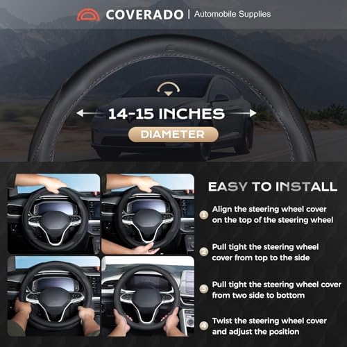 Coverado Car Steering Wheel Cover, Nappa Leather Black Steering Wheel Covers - Image 5