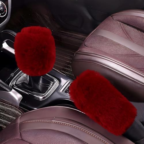 Hovom 2PCS Fluffy Car Gear Shift Knob Cover & Handbrake Cover, Wine Red by Hovom