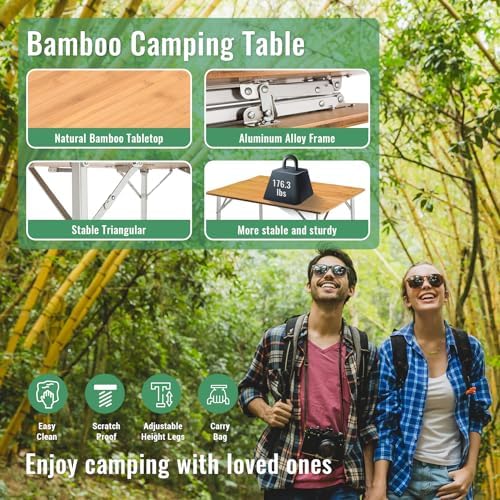 KingCamp Bamboo Folding Camping Table, 4-Fold Adjustable Outdoor Table - Image 3