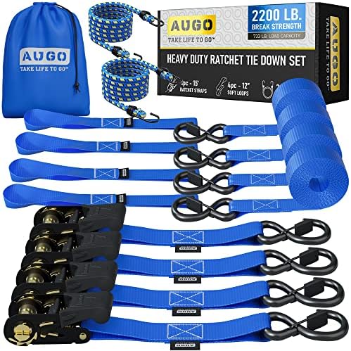 AUGO Ratchet Straps Heavy Duty 4 Pack -15 FT - 2200 LB Break Strength – - Cargo by AUGO