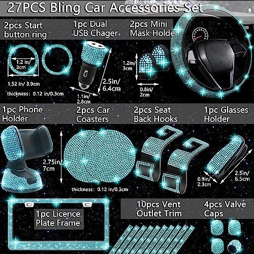 NBTEPEM 27 PCs Aquamrine Bling Car Accessories Set - Image 2