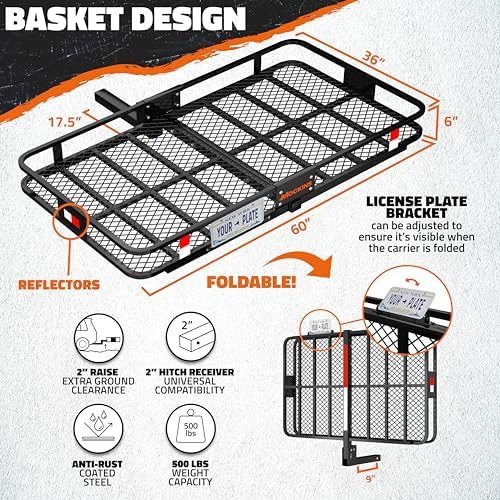 Mockins 60"x36"x6" XL Heavy Duty Trailer Hitch Cargo Carrier w/ 500Lbs. Cap - Image 2