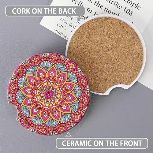 Boho Mandala Car Coasters for Women 2 Pack, Vintage Flower Ottoman Absorbent - Image 3