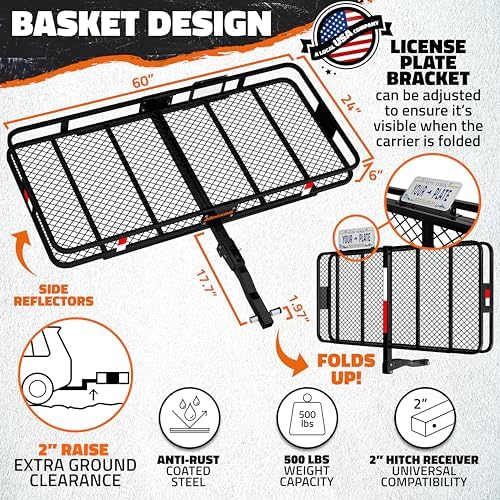 Mockins 60"x24"x6" Heavy Duty Trailer Hitch Cargo Carrier w/ 500 Lbs. Cap - Image 2