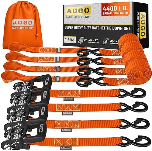 AUGO Heavy Duty Ratchet Straps & Soft Loops – Pack of 4 Extra Strong 1.5” by by AUGO